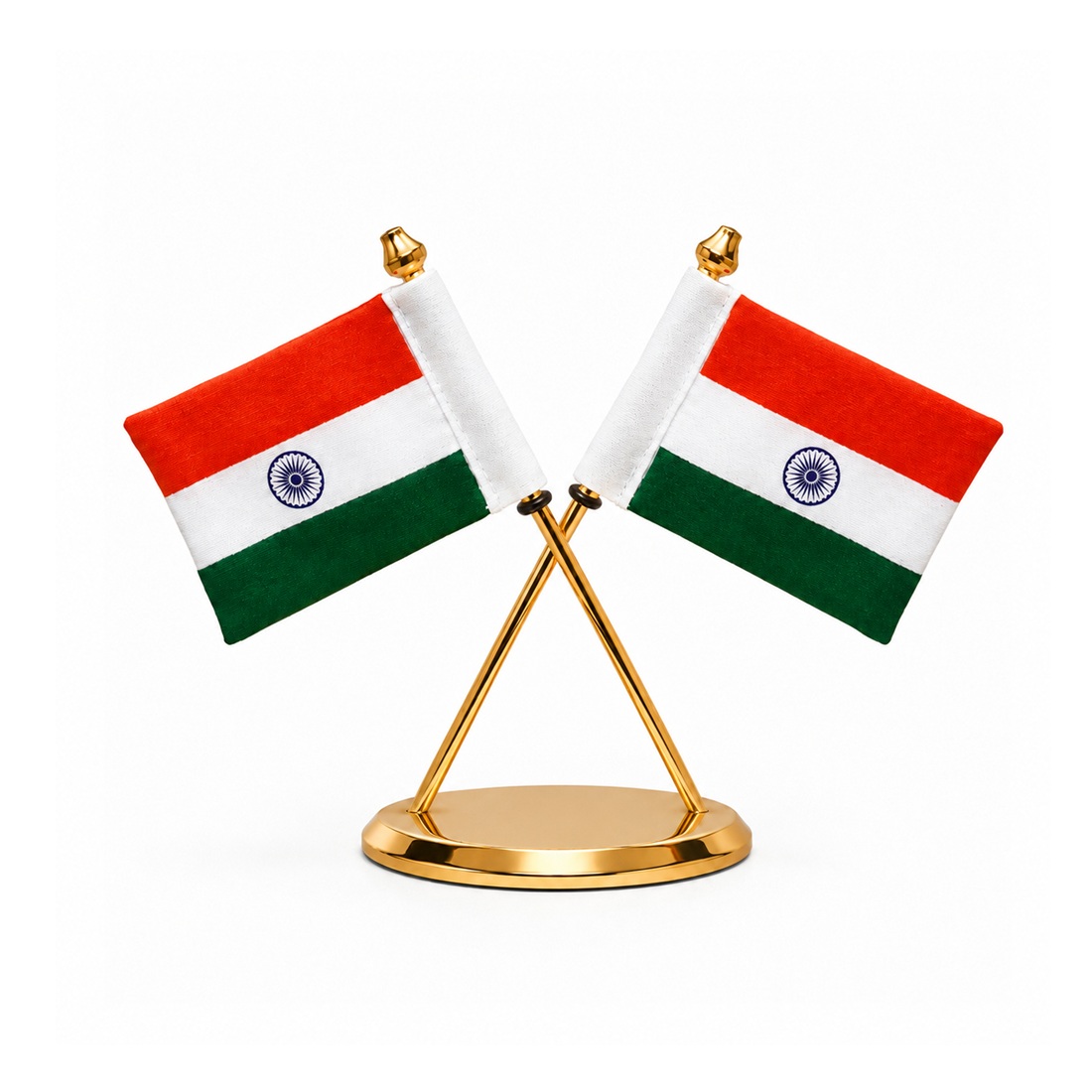 Dual Indian Cotton Flag Showpiece, Premium Metal Base, Office Desk Home Decor & Car Dashboard, Independence Day & Republic Day Decor