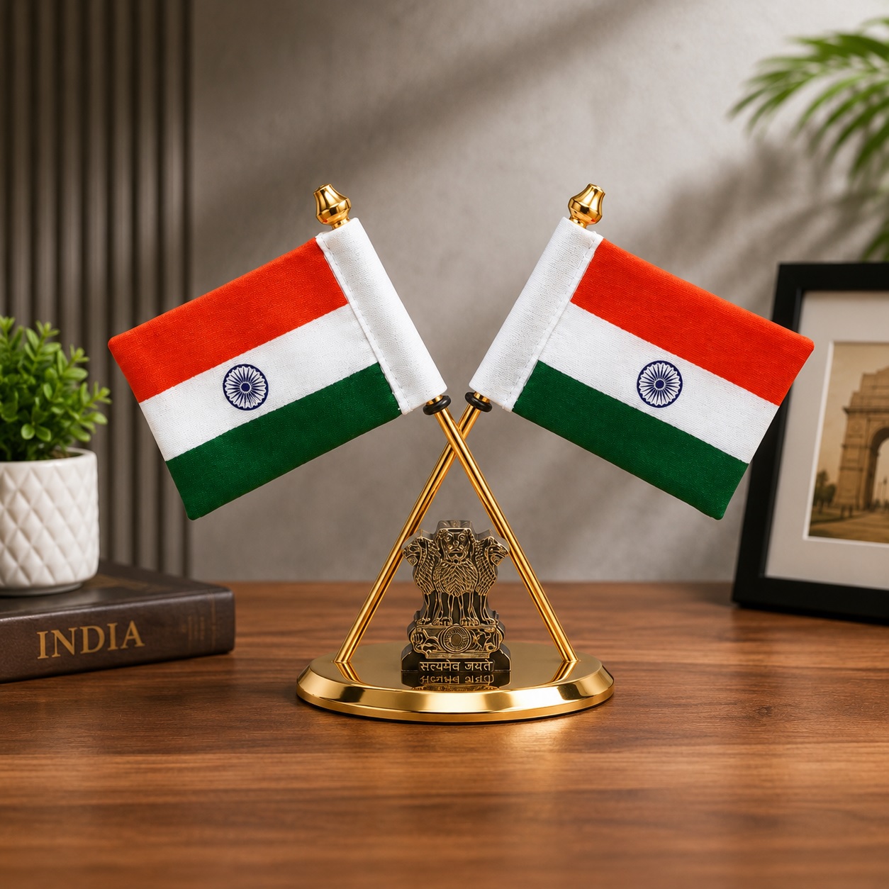 Dual Indian Cotton Flag Showpiece, Durable Metal Base, Office Desk Home Decor & Car Dashboard, Tiranga Table Decor Gift