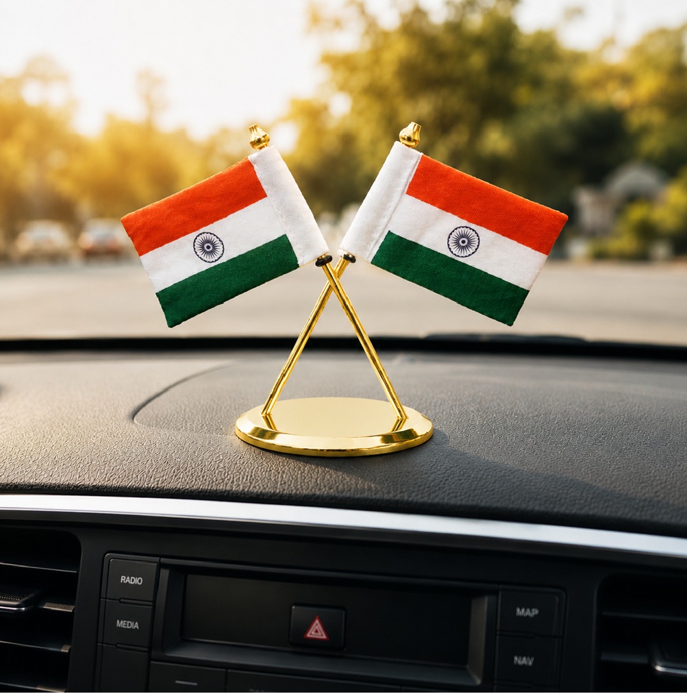 Dual Indian Cotton Flag Showpiece with Premium Metal Base, Office Desk Home Decor & Car Dashboard, Tiranga Gift