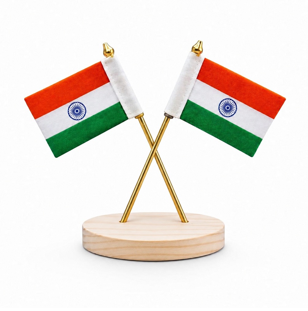 Dual Indian Cotton Flag Showpiece, Wooden Base, Office Desk Home Decor & Car Dashboard, Premium Bharat Desk Decoration