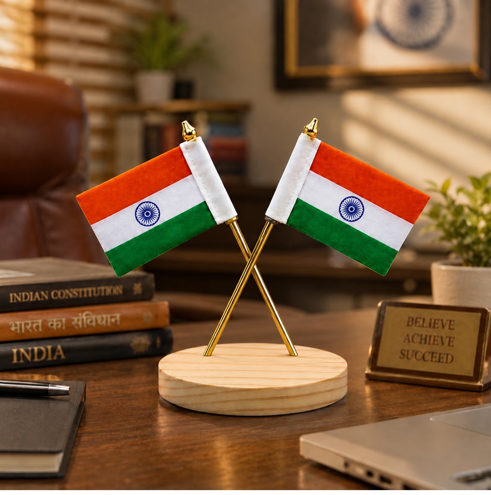 Dual Indian Cotton Flag Showpiece, Durable Wooden Base, Office Desk Home Decor & Car Dashboard, Republic Day Gift Item