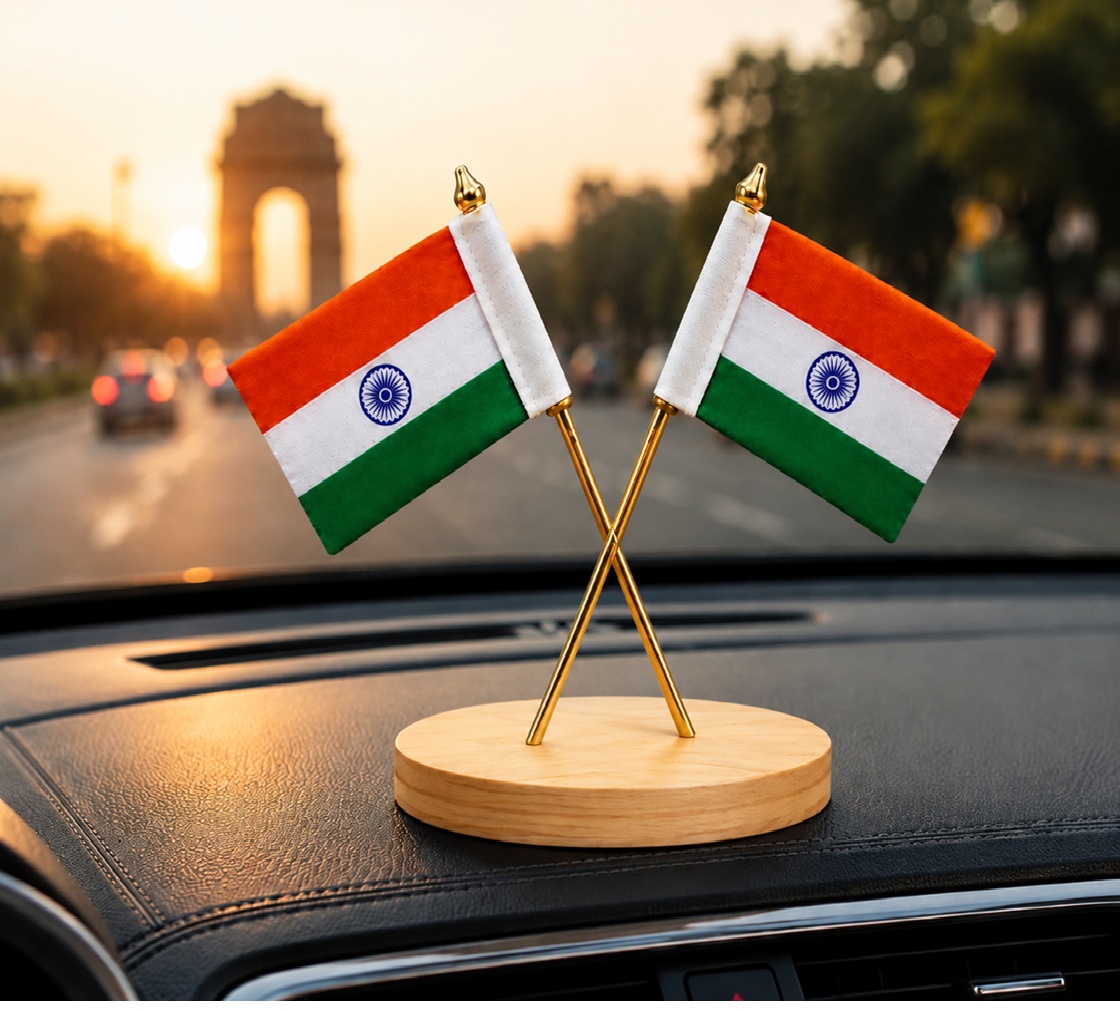 Dual Indian Cotton Flag Showpiece with Premium Wooden Base, Office Desk Home Decor & Car Dashboard, Elegant Tiranga Gift