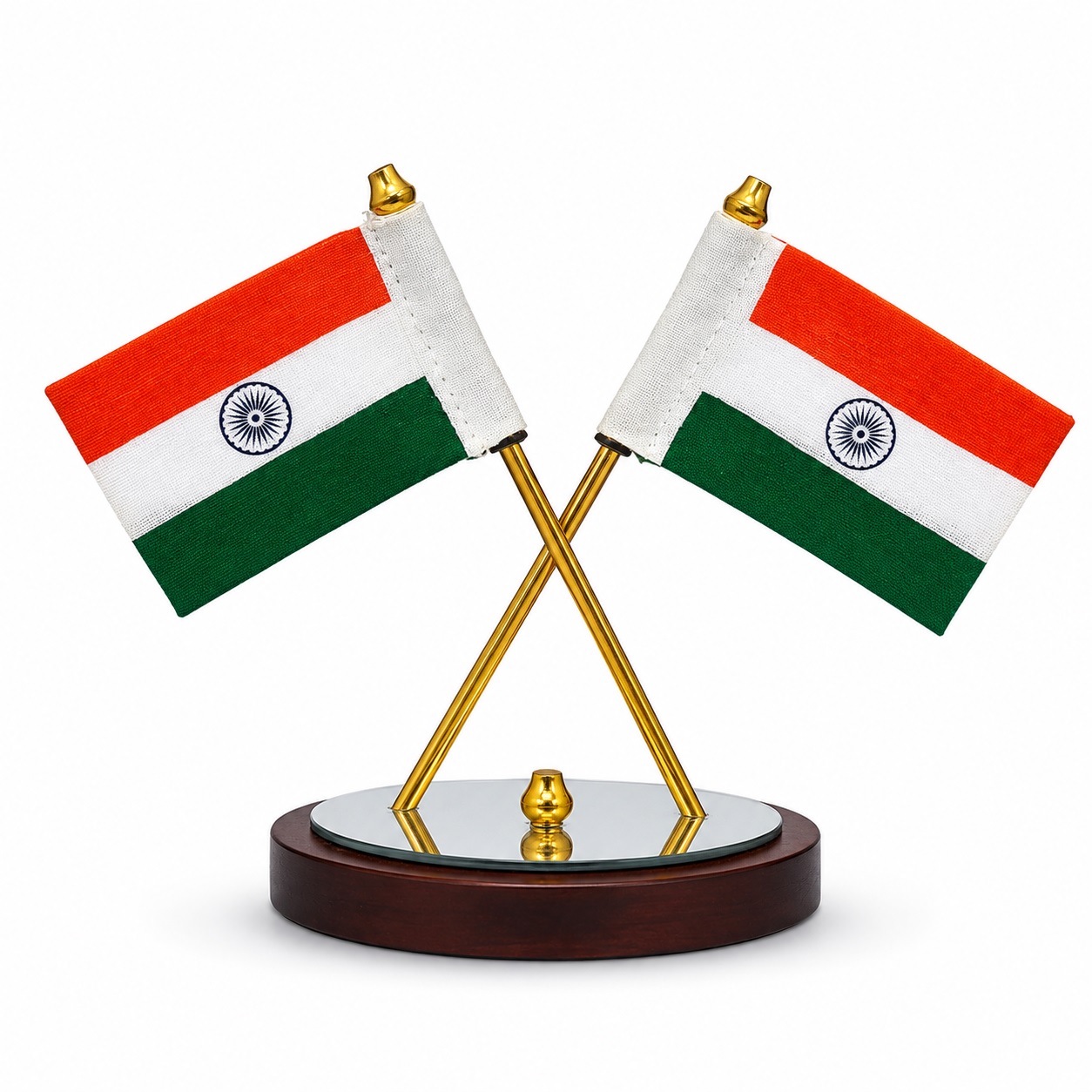Dual Indian Cotton Flag Showpiece with Premium Mirror Base, Office Desk Home Decor & Car Dashboard, Elegant Tiranga Gift