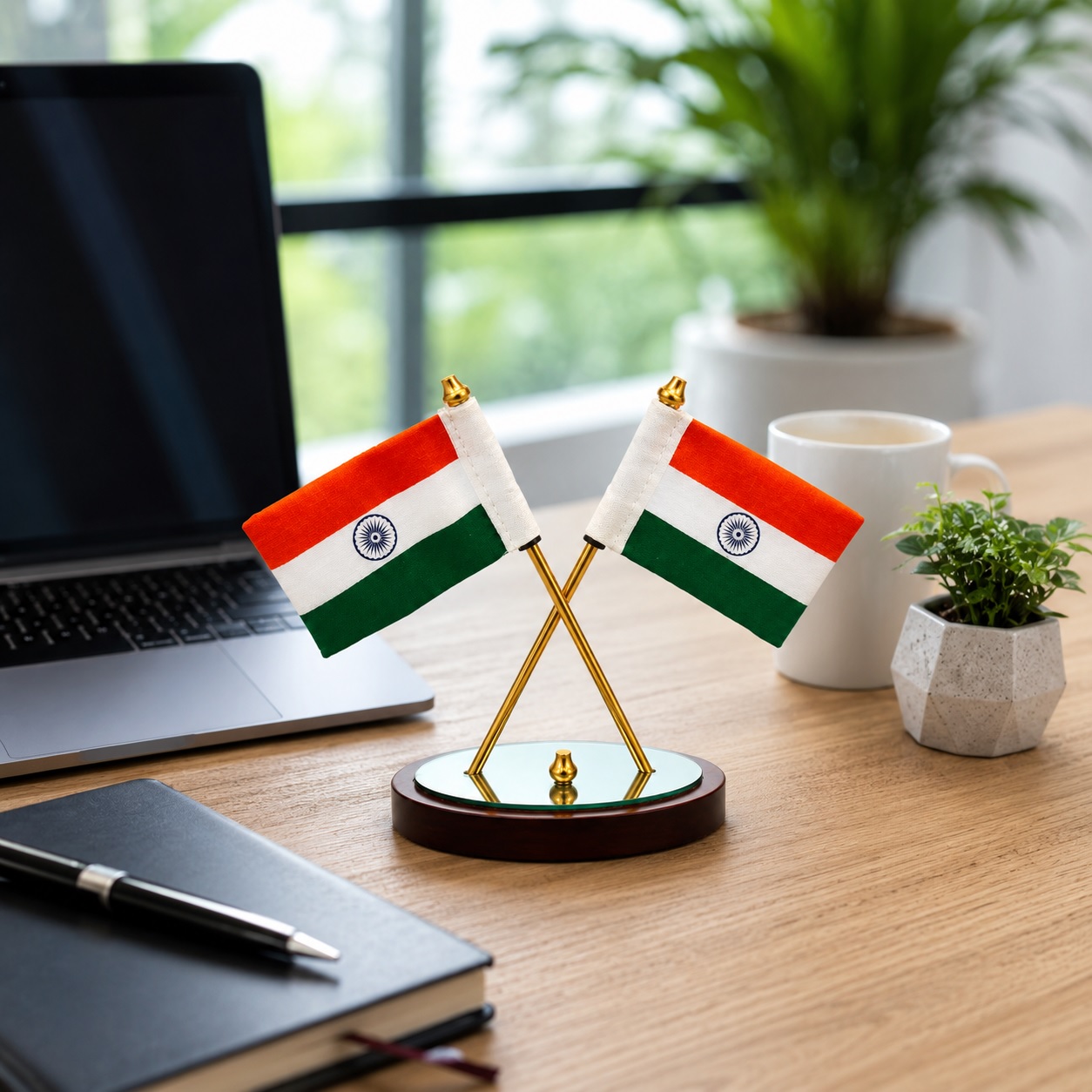 Dual Indian Cotton Flag Showpiece, Mirror Finish Base, Office Desk Home Decor & Car Dashboard, Premium Bharat Desk Decoration