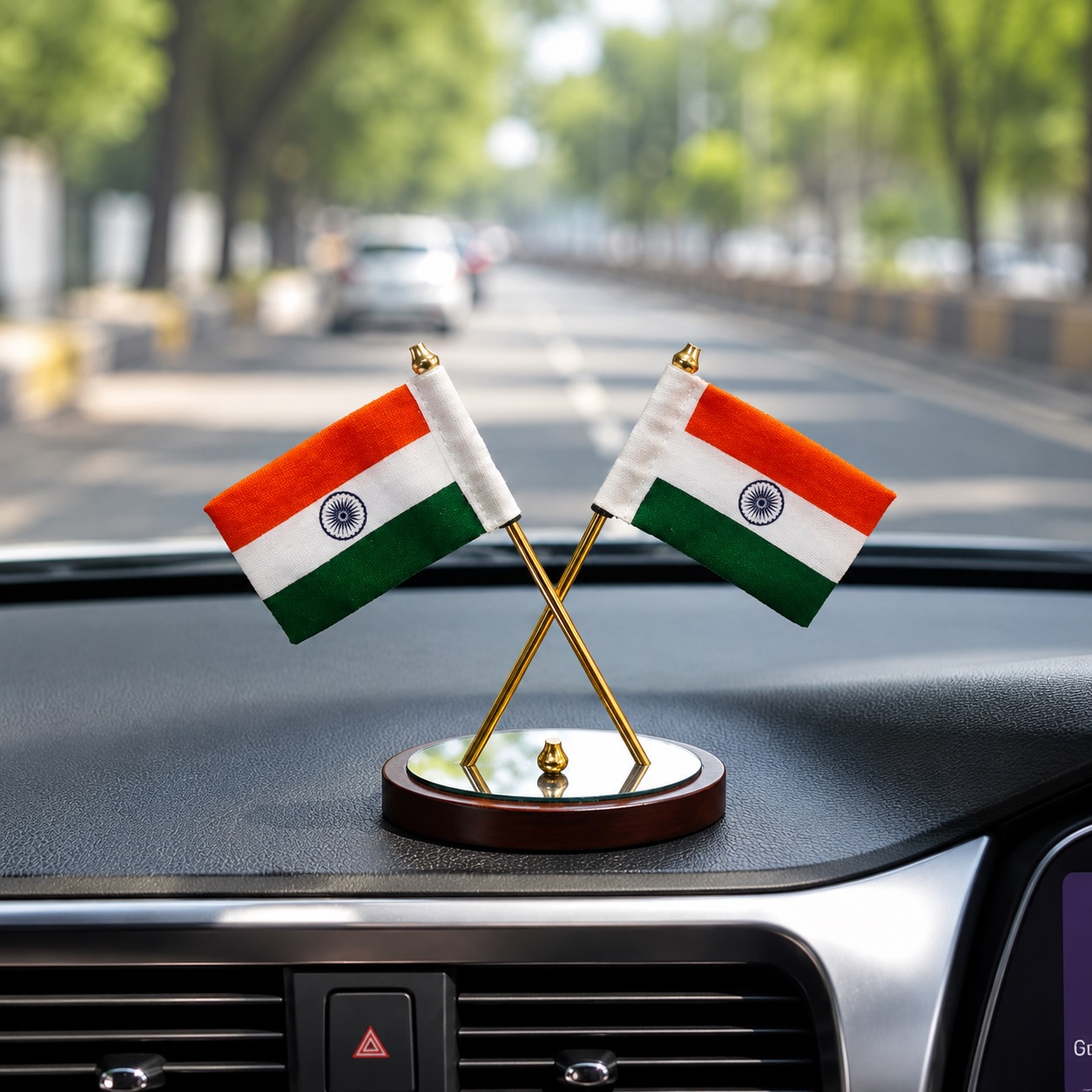 Dual Indian Cotton Flag Showpiece, Premium Mirror Base, Office Desk Home Decor & Car Dashboard, Independence Day & Republic Day Gift