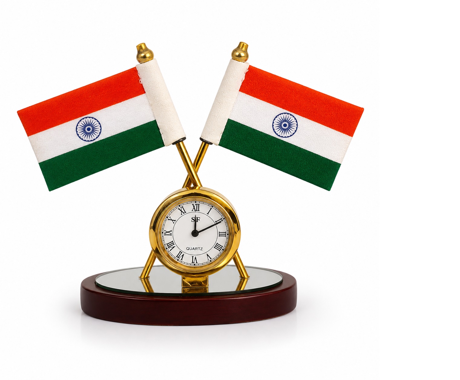 Dual Indian Cotton Flag with Watch Showpiece, Mirror Finish Base, Office Desk Home Decor & Car Dashboard, Bharat Pride Table Decor
