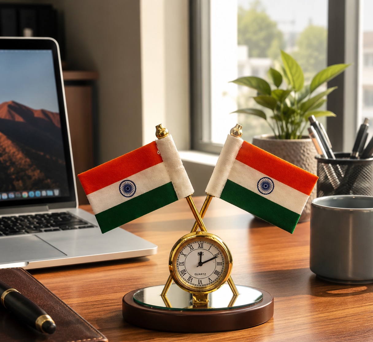 Dual Indian Cotton Flag with Watch Showpiece, Premium Mirror Base, Office Desk Home Decor & Car Dashboard for Home & Office