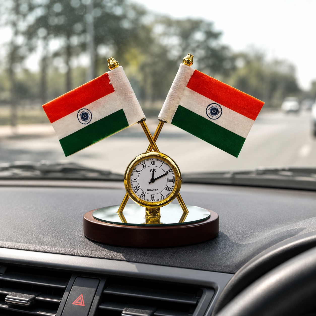 Dual Indian Cotton Flag with Watch Showpiece, Decorative Mirror Base, Office Desk Home Decor & Car Dashboard, Stylish Tiranga Gift