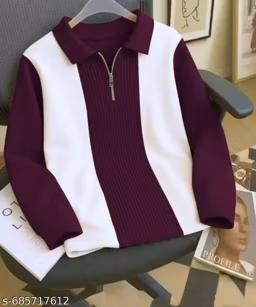 Men Stylish Collor Block Ribbed Zip Neck Full Sleeve Sweatshirt