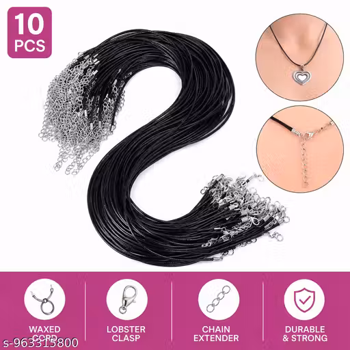 10 PCS Black Waxed Necklace Cord with Lobster Clasp & Extension Chain | DIY Jewellery Making Cord | Pendant Necklace String | Black