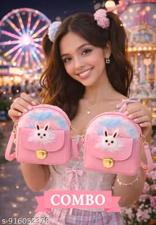 Combo of 2 cute rabbit face Fury selling bag for girl/elite cute ceiling bag for girl/versatile cute selling bag for girl trendy cross selling bag, modern cross body selling bag alluring ceiling backpack for girls of 2