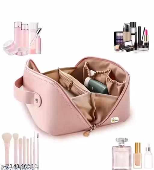 pack of 1 cloth organiser large capacity travel cosmetic back leather makeup bag with handle and divider waterproof cosmetic bag portable leather toiletry bag roomy cosmetic bag for women and girls
