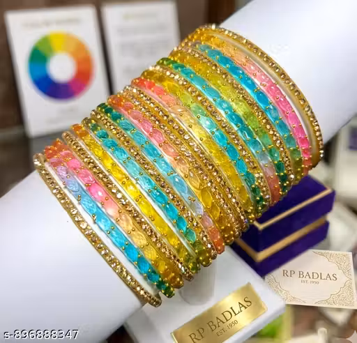 RP BADLAS Multicolor Crystal Studded Glass Bangles Set for Women | Pink Blue Green Designer Glass Chudi | Traditional Party Wear Wedding Bangles | Premium Shimmer Stone Work Bangles