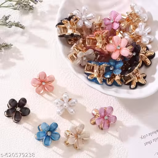 6pcs Mini Pearl Hair Claw Clips for Girls & Kids | Korean Small Flower Hair Accessories | Gold Crab Clips | Stylish Trendy Hair Clutcher Set
