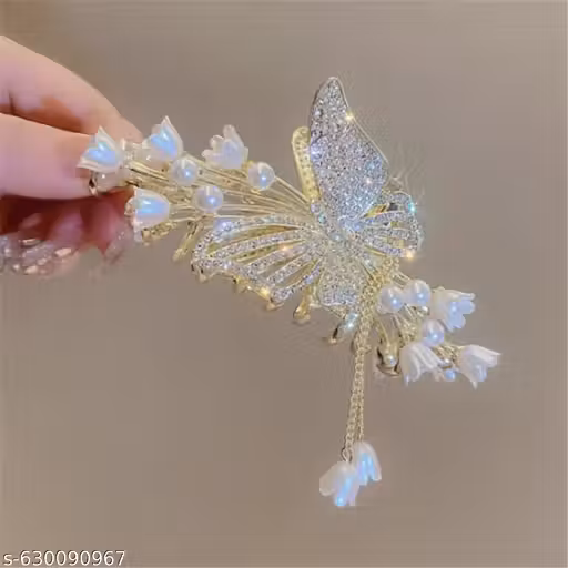 Freebies Golden Floral Pearl Hair Clip | trendy hair accessories | long hair clip | designer clutcher | heavy stone clip | women hair clip | premium accessory