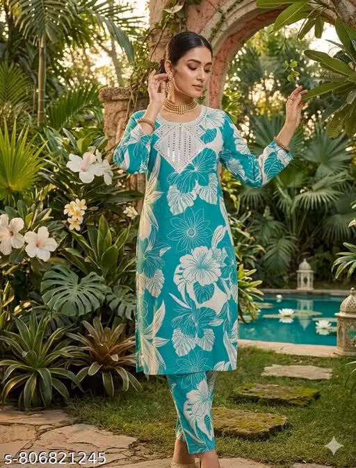 Teal green floral print kurta set for women and girls