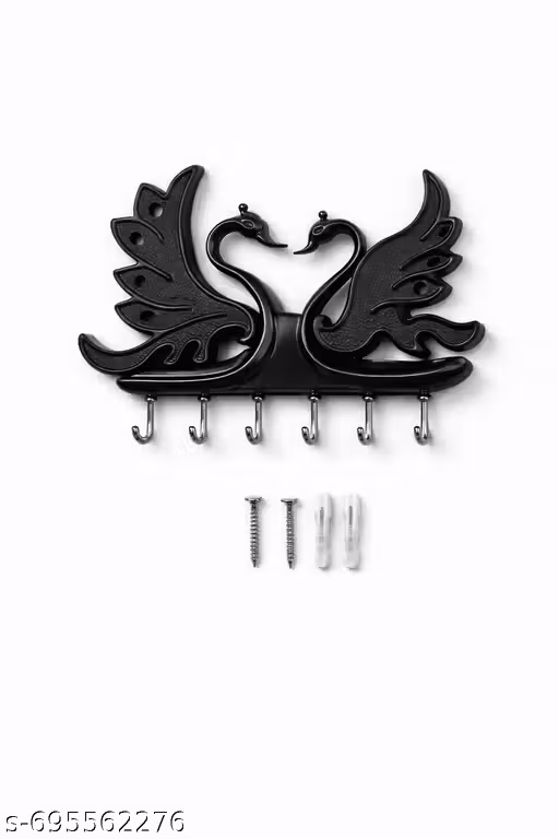 Decorative Swan Shape Wall Mounted Key Holder with 6 Hooks | Size: 18 cm (L) x 14 cm (H) | Includes 2 Screws & 2 Wall Plugs | Black Color