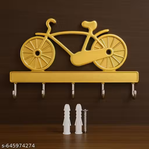 Decorative Golden Bicycle Key Stand | Stylish Metal Wall Key Holder with 5 Silver Hooks | Perfect for Home Décor & Daily Key Storage