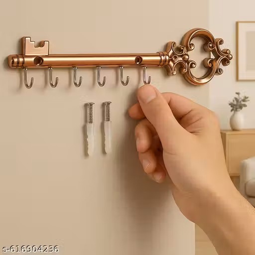 Rose Gold Key Shape Wall Mounted Metal Key Holder with 6 Hooks