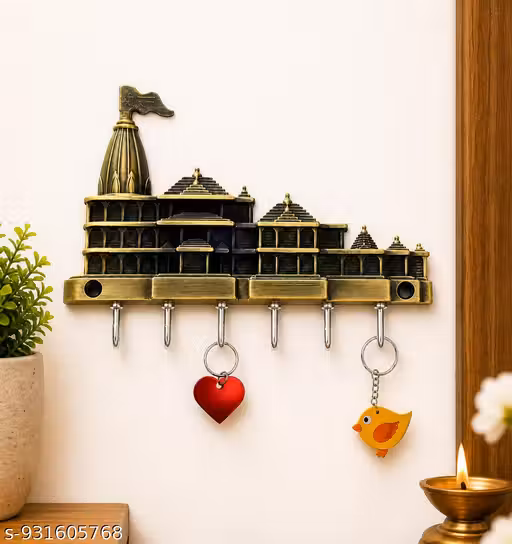 Shree Ram Mandir Key Holder for Wall | 15 × 10 cm Size | Antique Brass Finish Metal Key Stand | 6 Stainless Steel Hooks | Wall Plug & Screw Included | Home Decor & Key Organizer