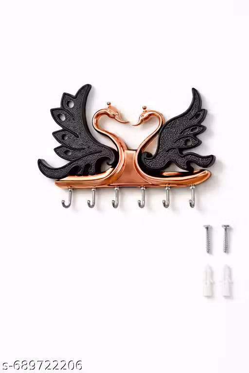 Elegant Swan Design Metal Wall Hook | 6 Hooks | With 2 Screws & 2 Wall Plugs | Rose Gold & Black | 18 cm x 14 cm