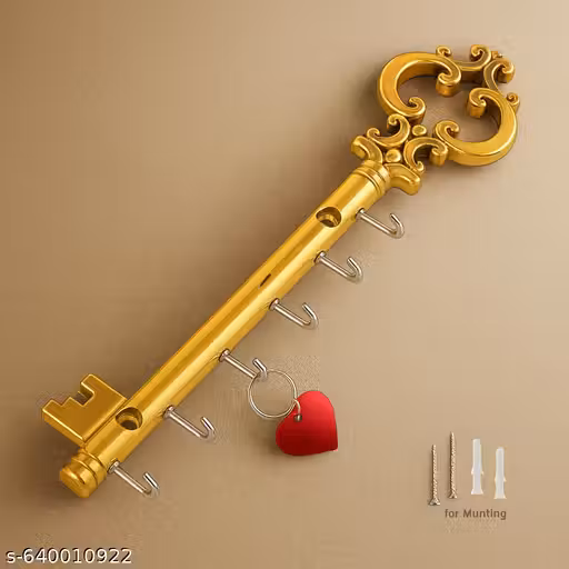 Metal Royal Key Holder & Hanger with 6 Hooks | Rajwadi Wall Mount Key Stand | Home Decor Gift (24x6cm) (Gold)
