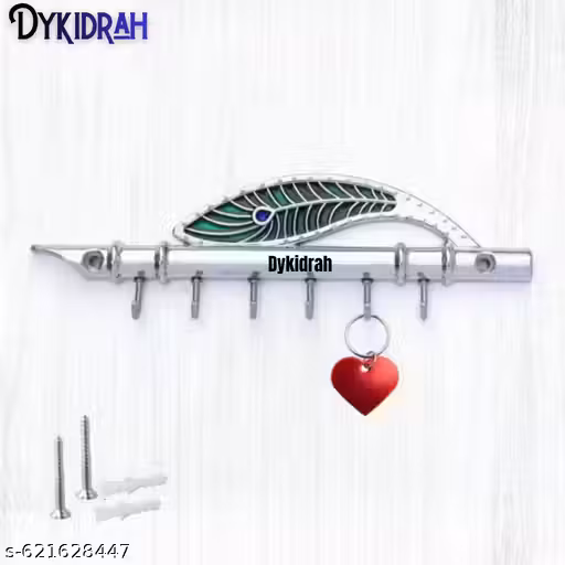 Premium Krishna Flute Key Holder | Chrome Finish | 6 Hooks | Peacock Feather Design | Wall Key Stand for Home & Office Decor
