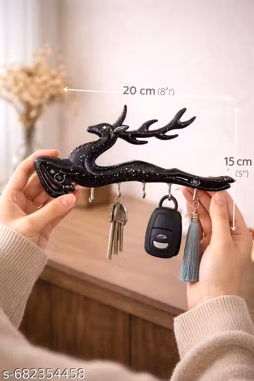 Deer Shape Metal Key Holder | Glossy Black Star Pattern Look | Wall Mounted Key Hanger | 5 Hooks | 20cm × 15cm | 2 Screws & Wall Plugs Free