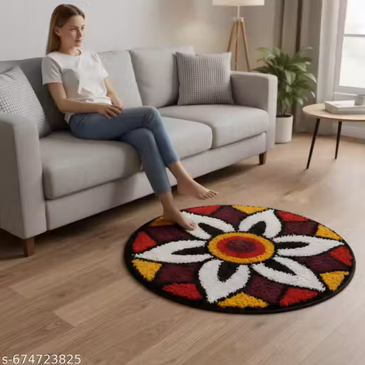 THE Microfiber Round Rangoli Doormat & Pujamat (23x23 Inch, 1 Piece) - Multicolor Soft Non-Slip Designer Floor Mat for Home Mandir, Kitchen & Entryway