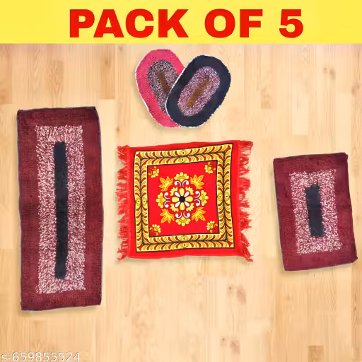 Set of 5 Premium Handloom Home Essentials: 1 Long Runner, 1 Square Pooja Mat, 1 Rectangle Foot Mat & 2 Oval Door Mats - Anti-Skid & Washable