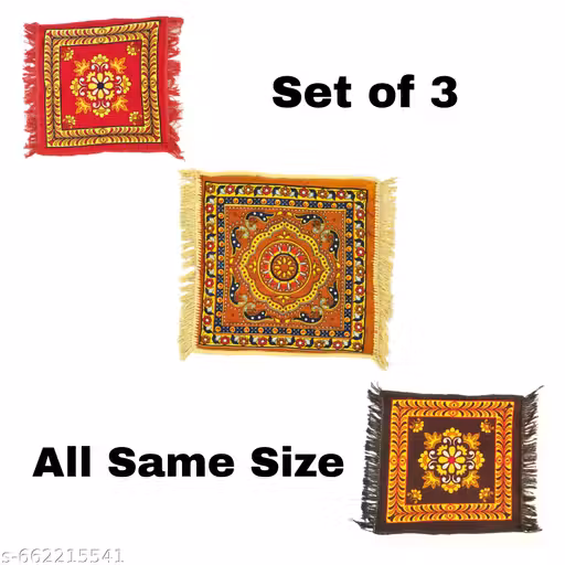 Set of 3 Decorative Pooja Aasan Square Mandir Mats for Home Temple and Festivals 19x19 inch
