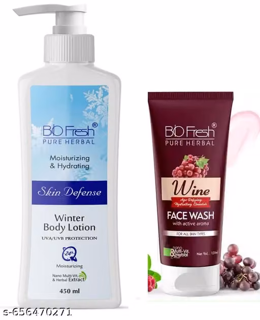 BIOFRESH Bodyy Lotion for Dry Skin | Deep Moisturizing | Long Lasting Hydration | For Men & Women 450ml & Daily Use Face Wash for Men & Women | Fresh Clean & Healthy Skin 120ml, Small Face washTravel Size