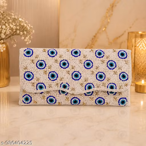Luxury White Evil Eye Beaded Clutch for Women | Handmade Party Purse | Wedding Bridal Evening Bag | Premium Designer Handbag