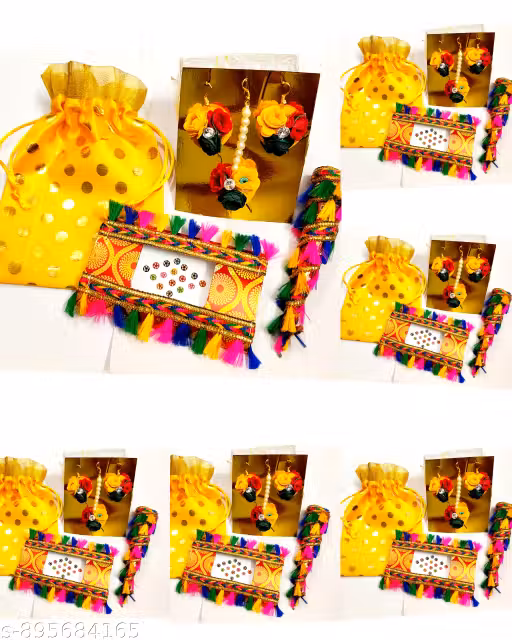 Beautiful Golden yellow Haldi Mehndi Ceremony Gift hamper/ Return gift hamper Pack of 6 (6- Yellow Pouch, 6-Decorative mehndi cones, 6-Decorative Bindi,6-Mang teeka and 6 pair of Earrings)
