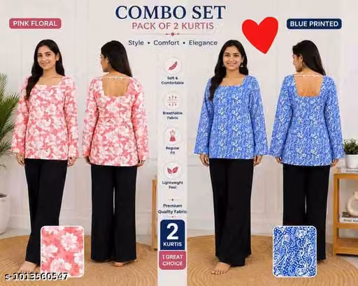 Pack of 2 Women's Premium Rayon Printed Square Neck Bell Sleeve Short Kurti Combo (Pink Floral & Blue Paisley)