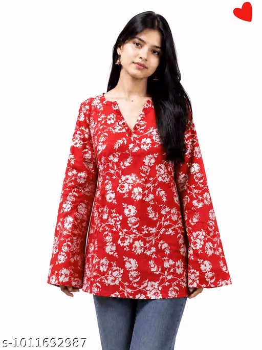 Women's Red Floral Printed Cotton Blend Straight Short Kurti | Casual Office College & Daily Wear Top