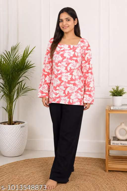 Women's Pink Floral Printed Rayon Square Neck Bell Sleeve Short Kurti Top | Casual Ethnic Wear