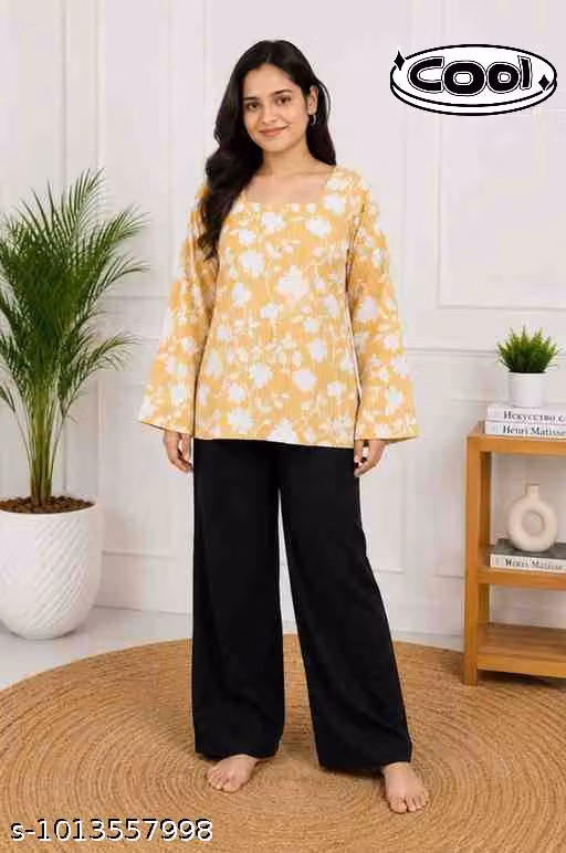 Women's Mustard Yellow Floral Printed Rayon Square Neck Bell Sleeve Short Kurti Top | Casual Ethnic Wear