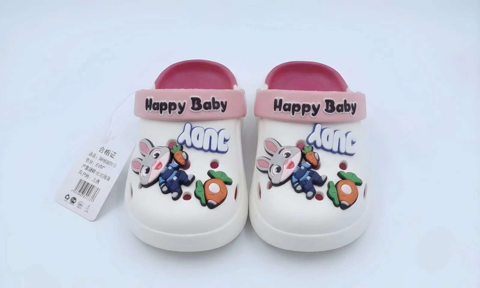Happy Baby Cartoon Kids Clogs for Boys & Girls (1–3 Years) | Soft EVA Lightweight Anti-Slip Baby Sandals with Adjustable Back Strap | Pink & White