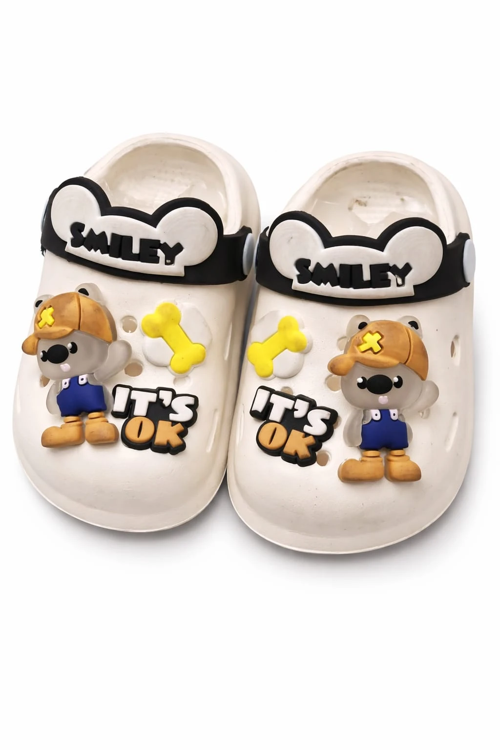Smiley Cartoon Kids Clogs for Boys & Girls (1–6 Years) | Soft EVA Lightweight Anti-Slip Garden Clogs with Adjustable Back Strap | White