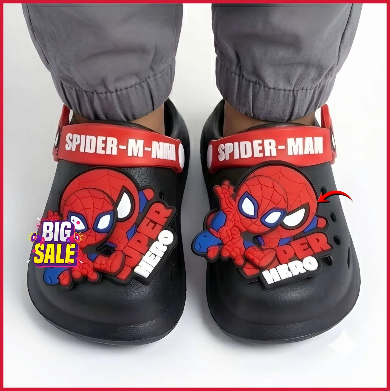 Spider-Man Cartoon Kids Clogs for Boys (1–6 Years) | Soft EVA Lightweight Anti-Slip Garden Clogs with Adjustable Back Strap | Black & Red