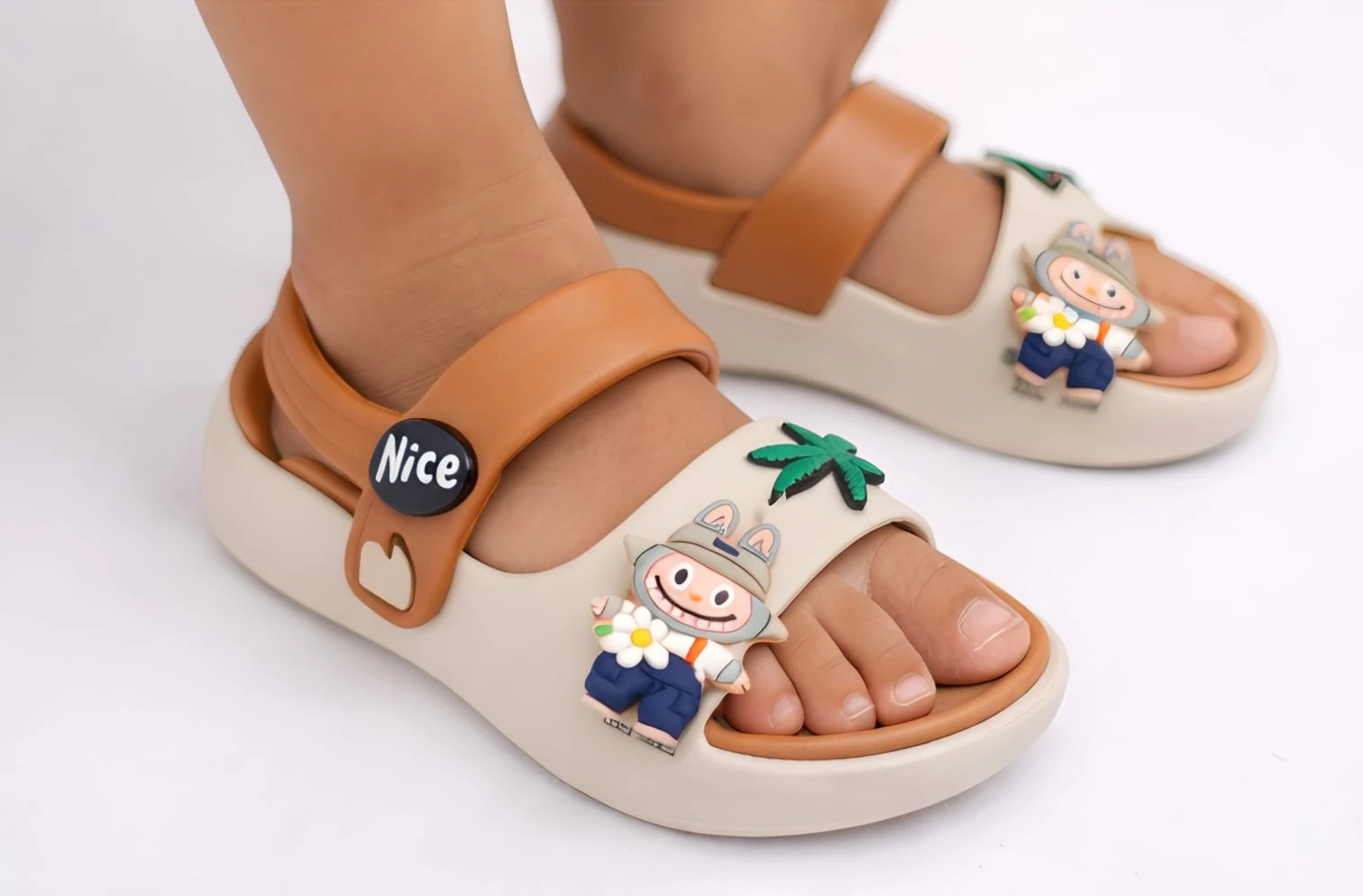 Cute Cartoon Kids Sandals for Boys & Girls (1–6 Years) | Soft EVA Lightweight Anti-Slip Baby Slippers with Adjustable Back Strap | Beige & Brown