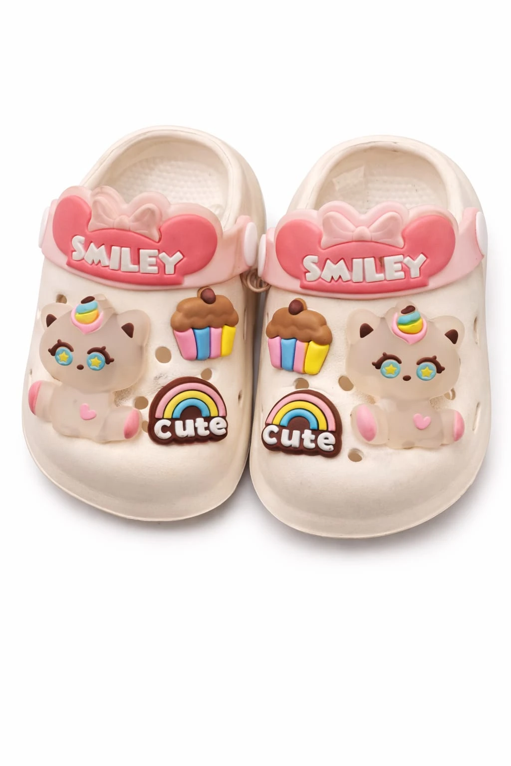 Smiley Cartoon Kids Clogs for Girls (1–6 Years) | Soft EVA Lightweight Anti-Slip Garden Clogs with Adjustable Back Strap | Cream & Pink