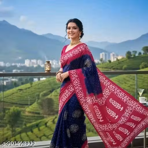 Women’s Bandhani Printed Cotton Saree | Pink & Navy Blue Traditional Ethnic Wear | Lightweight Daily & Festive Saree