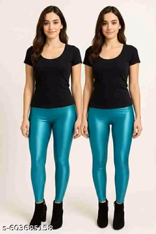 Women's Shiny Metallic Lycra Leggings Pack of 2 | High Waist Stretchable Skinny Fit Ankle Length Tights | Turquoise