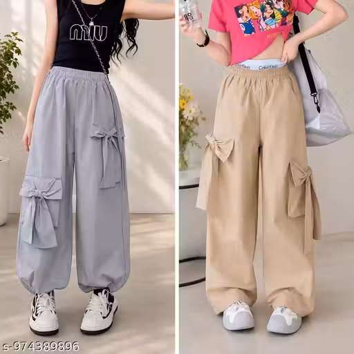 Women Wide Leg Cargo Palazzo Pants | Korean Style Bow Pocket Trousers | High Waist Casual Loose Fit Pants for Women