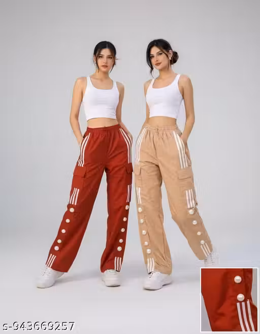 Women’s High-Waist Streetwear Cargo Track Pants with Pearl Accents and Side Stripes