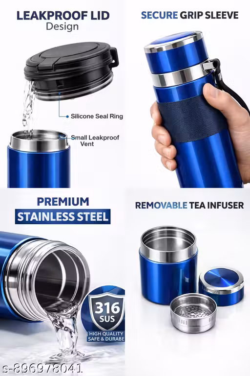 Premium 1000ml Stainless Steel Vacuum Flask | Double-Walled Insulated Hot & Cold Water Bottle with Carrying Strap | Leak-Proof Travel Thermos for Office, Gym, and Outdoor Use (Blue)