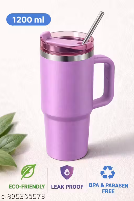 1200ml Insulated Travel Tumbler with Handle & Straw – Leak-Proof Double-Wall Stainless Steel Mug for Hot & Cold Drinks – BPA Free Eco-Friendly Coffee Cup (Purple)