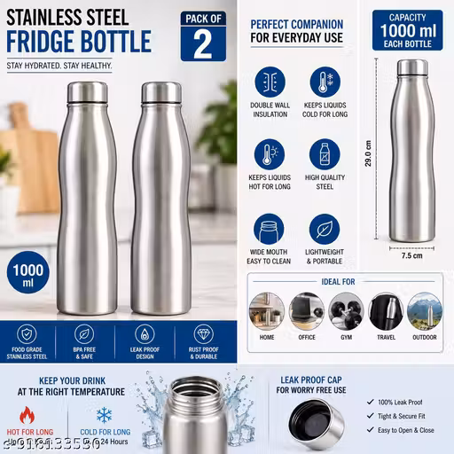Premium Stainless Steel Fridge Water Bottle Set (Pack of 2) – 1000ml Double Wall Vacuum Insulated Flask | BPA-Free, Leak-Proof & Rust-Proof – Keeps Drinks Hot for 12 Hours & Cold for 24 Hours